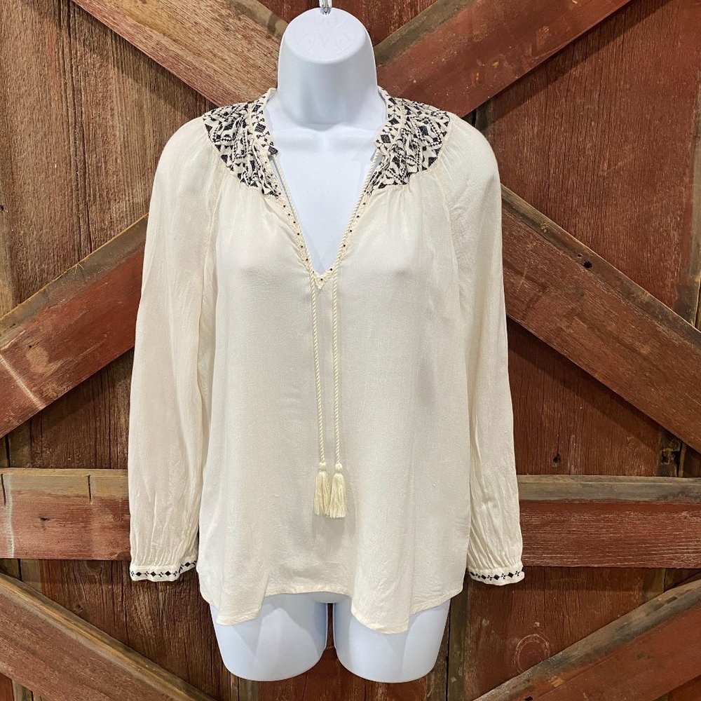 Lucky Brand Woman's Embroidered Beaded Peasant Top Extra Small XS Ivory Black